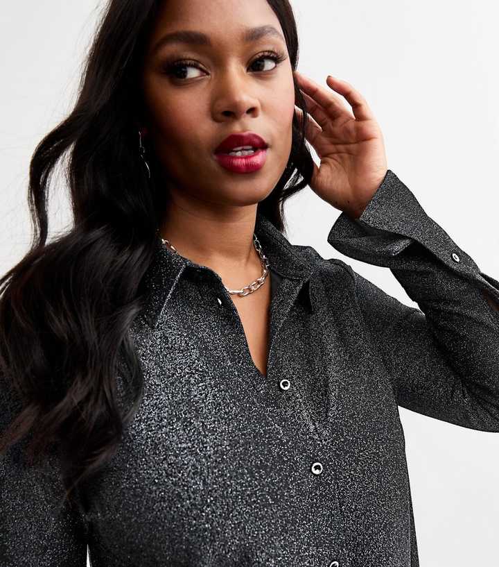 Curves Black Glittery Flared Sleeve Shirt | New Look