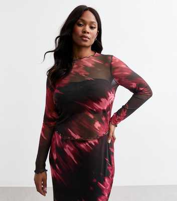 Curves Red Abstract Print Mesh Top