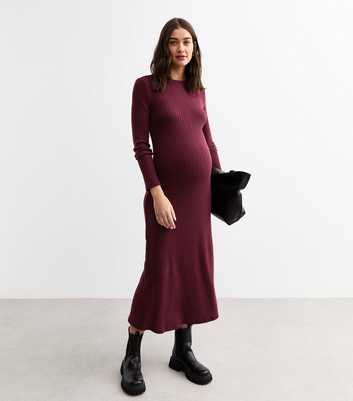 Maternity Burgundy Back Slit Rib Jersey Midi Dress