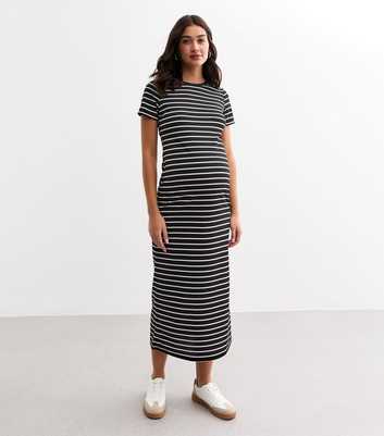 Maternity Black Striped Jersey Midi T-Shirt Dress