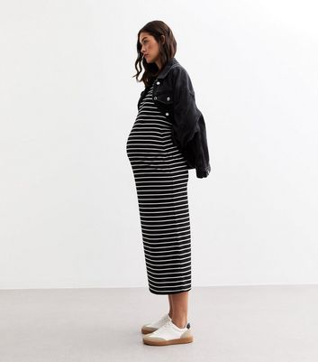 Maternity Black Striped Jersey Midi T Shirt Dress New Look