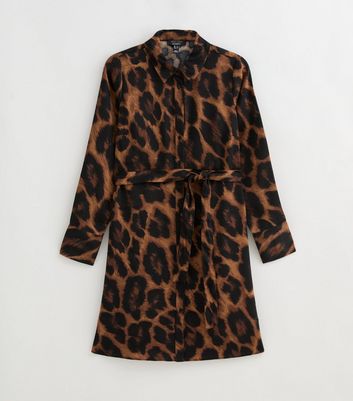 Maternity Brown Leopard Print Belted Mini Shirt Dress New Look