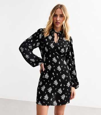 Black Floral Print Tie Collar Mini Dress