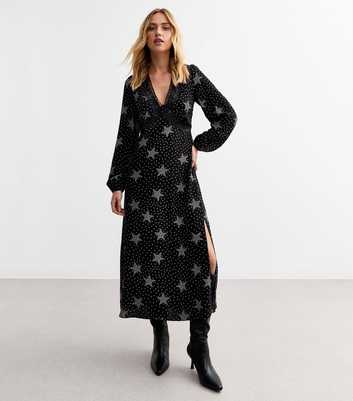 Black Star Print Lace Trim Midi Dress