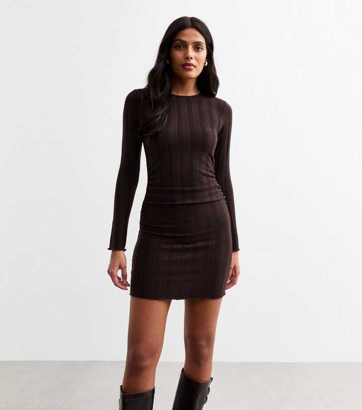 Brown Wide Rib Ruched Mini Dress