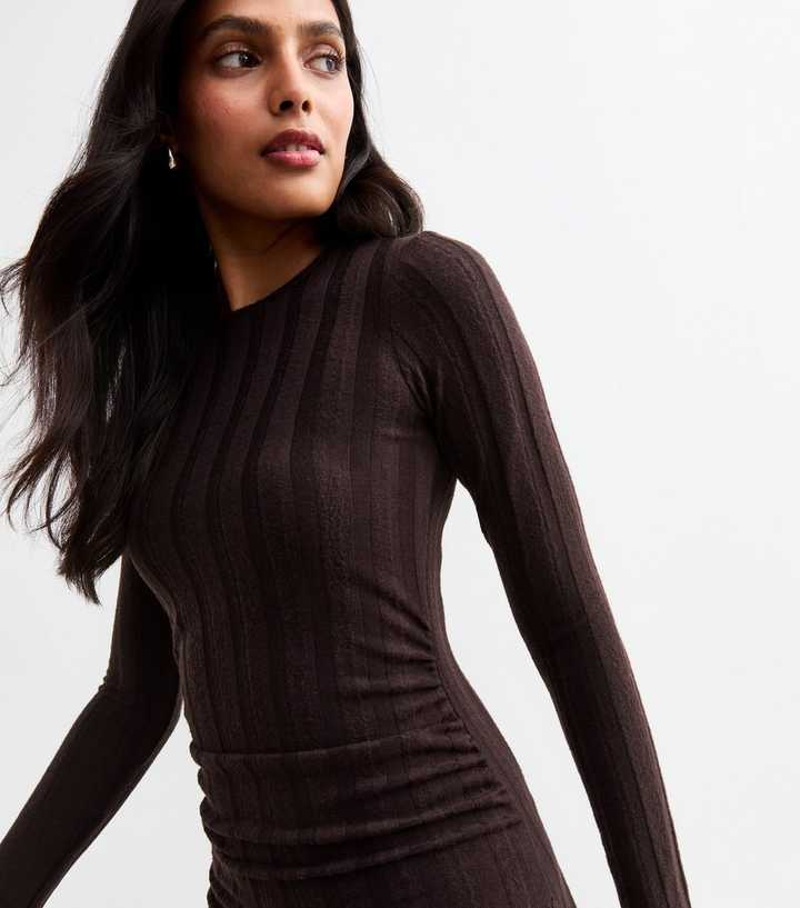 Brown Wide Rib Ruched Mini Dress | New Look