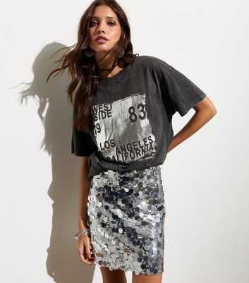 Grey West Side-Print Acid-Washed Oversized Cotton T-Shirt