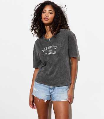 Grey Oceanside Print Acid Wash Boxy Cotton T-Shirt