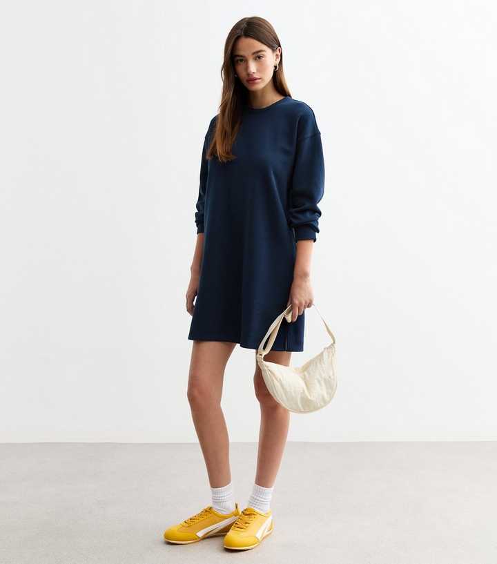 Navy Long Sleeve Crew Neck Mini Sweater Dress | New Look