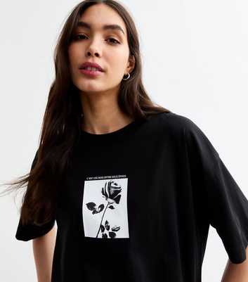 Black Cotton Rose Postcard Oversized T-Shirt