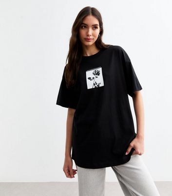 Black Cotton Rose Postcard Oversized T-Shirt New Look