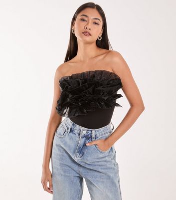 Pink Vanilla Black Ruffle Bandeau Top New Look