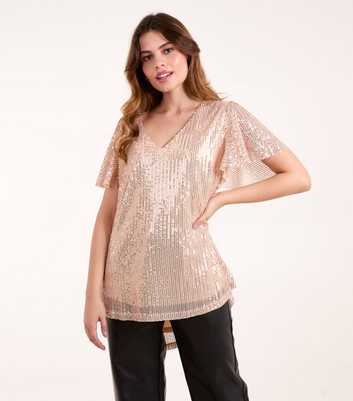 Blue Vanilla Gold Sequin V-Neck Angel Sleeve Top