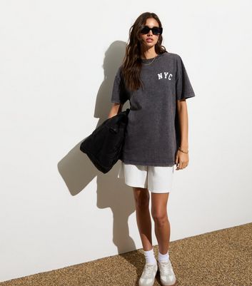 Grey NYC-Print Acid-Washed Oversized Cotton T-Shirt New Look