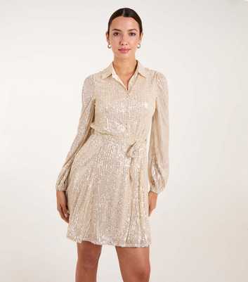 Blue Vanilla Cream Sequin Tie Waist Shirt Dress