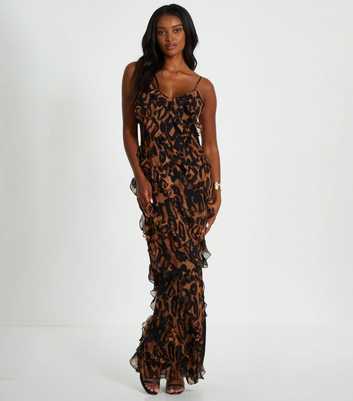 QUIZ Dark Brown Animal Print Ruffle Maxi Dress