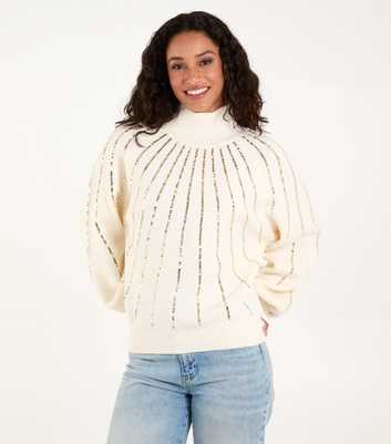 Blue Vanilla Off White Textured Sequin High Neck Jumper