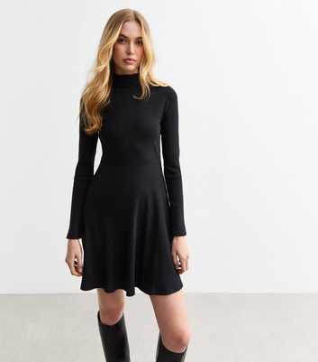 Black Ribbed Roll Neck Mini Skater Dress