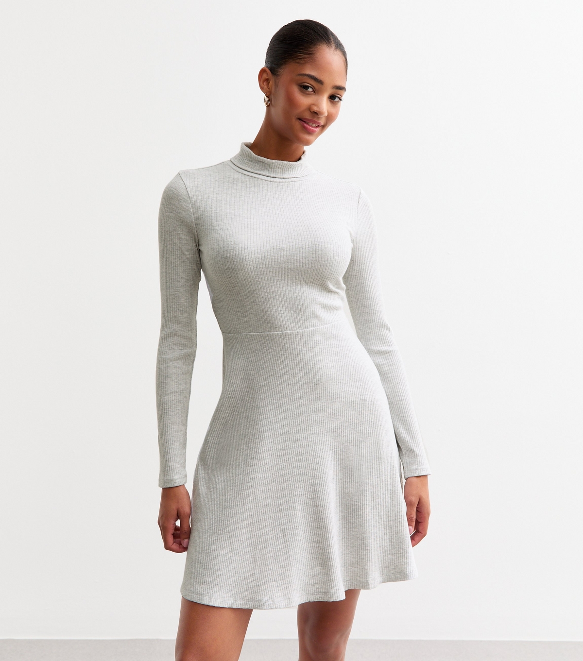 Women's Grey Ribbed Roll Neck Mini Skater Dress New Look