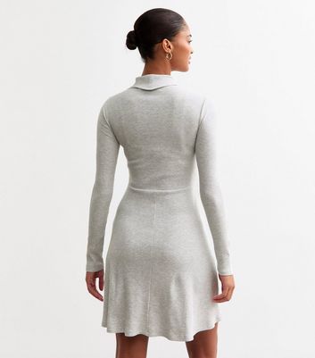 Grey Ribbed Roll Neck Mini Skater Dress | New Look