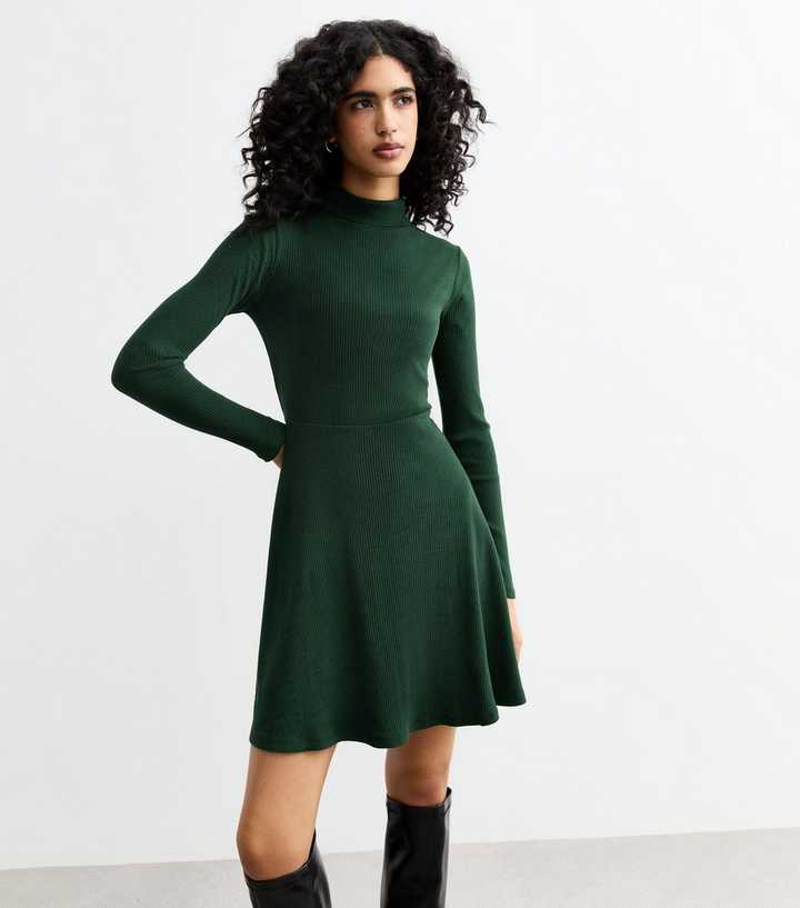 Dark Green Ribbed Roll Neck Mini Skater Dress | New Look