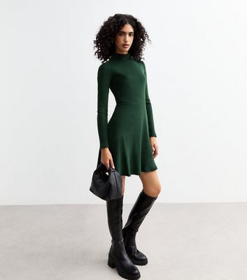 Dark Green Ribbed Roll Neck Mini Skater Dress New Look