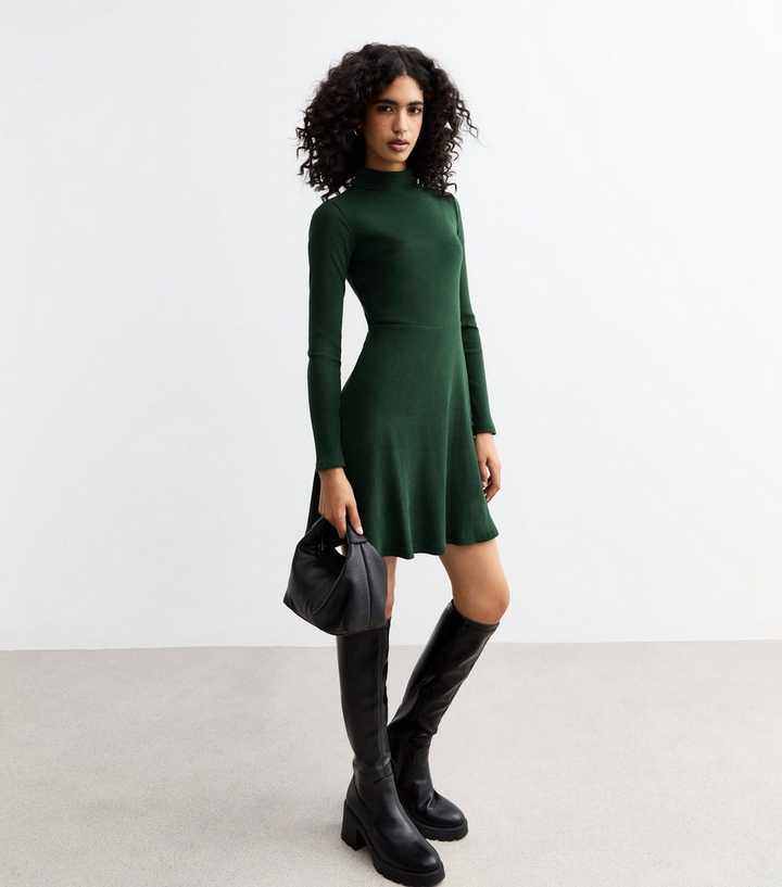 Dark Green Ribbed Roll Neck Mini Skater Dress