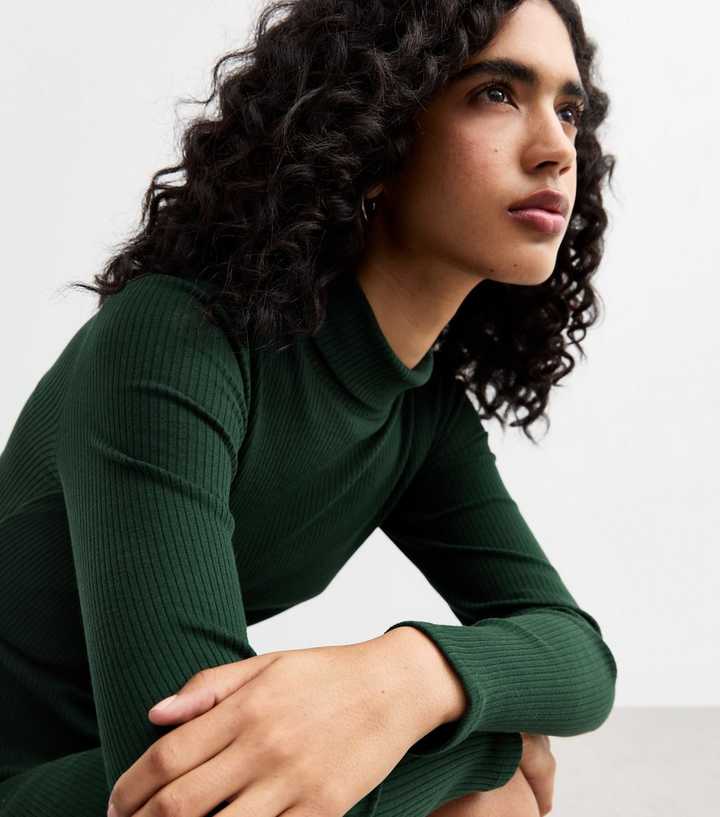 Dark Green Ribbed Roll Neck Mini Skater Dress | New Look