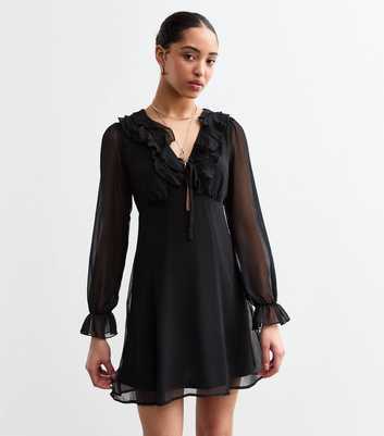 Black Ruffle Chiffon Long Sleeve Mini Dress