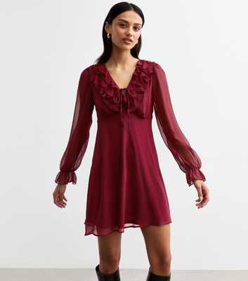 Red Ruffle Chiffon Long Sleeve Mini Dress