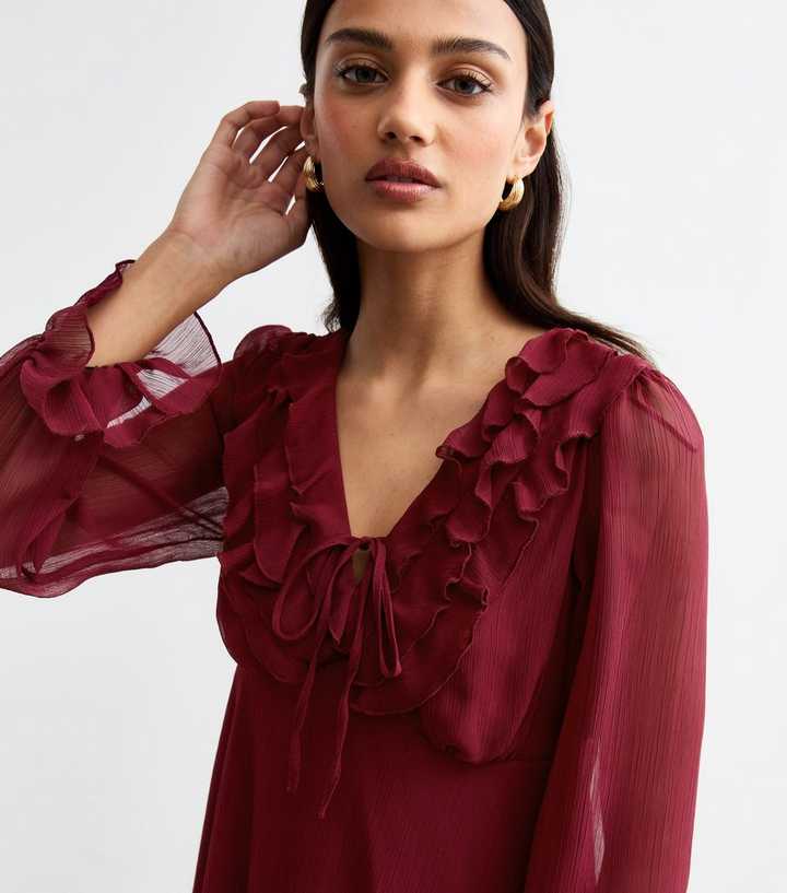 Red Ruffle Chiffon Long Sleeve Mini Dress | New Look