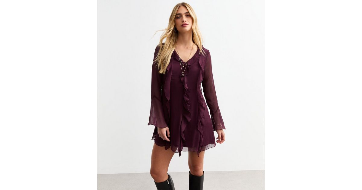 Chiffon Mini Dress With Long Sleeves And Ruffle Hem