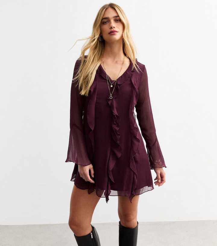Burgundy Ruffle Trim Chiffon Mini Dress | New Look