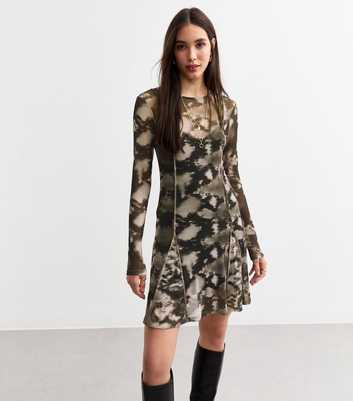 Grey Snake Print Godet Mesh Mini Dress