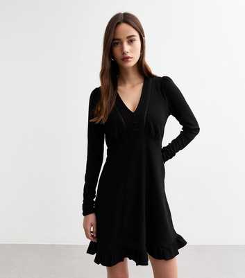 Black Ladder Trim Long Sleeve Mini Dress