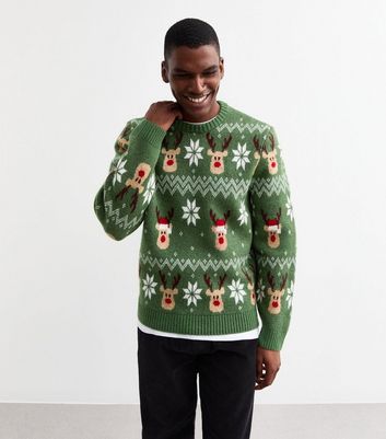 Green Regular Christmas Reindeer Jumper New Look