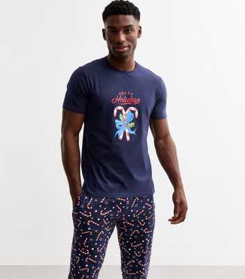 Navy Christmas Happy Holidays Print Jersey Pyjamas