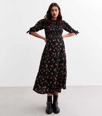 Maternity Black Floral Print Midi Dress