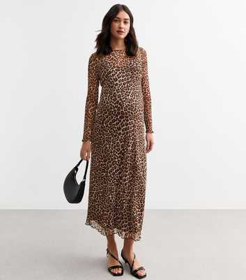 Maternity Brown Leopard Print Mesh Midi Dress