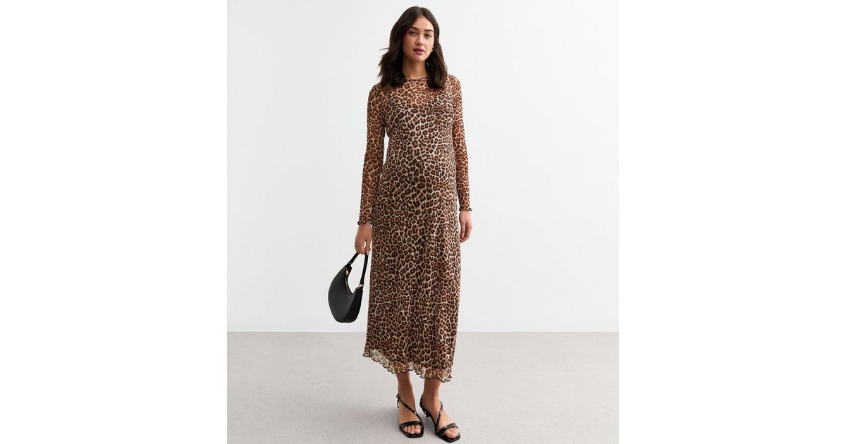 Midi Dress Leopard Print Maternity Brown Animal Print Collared