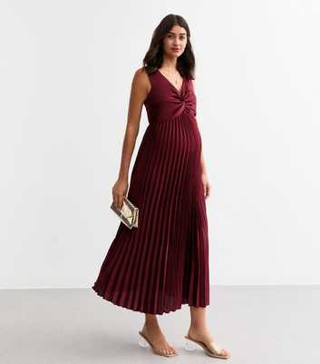 Maternity Burgundy Twist Pleated Midi Dress