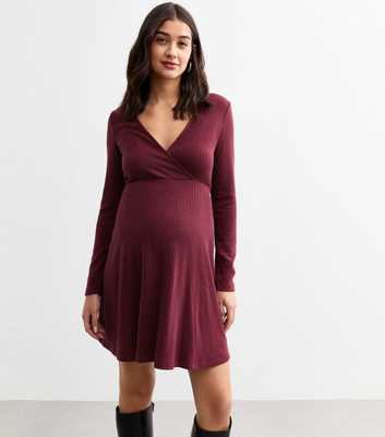 Maternity Burgundy Rib Jersey Mini Wrap Dress