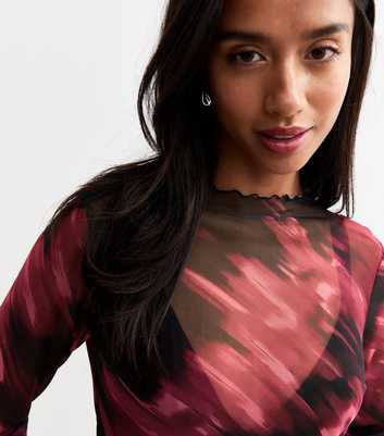 Petite Red Abstract Print Mesh Top