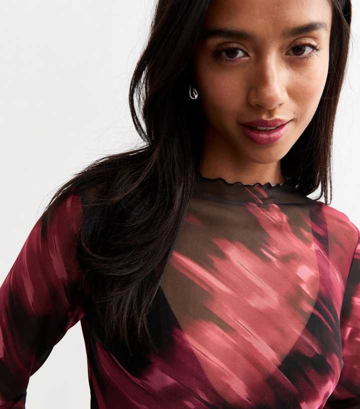 Red Top Design Petite Red Abstract Print Mesh Top | New Look