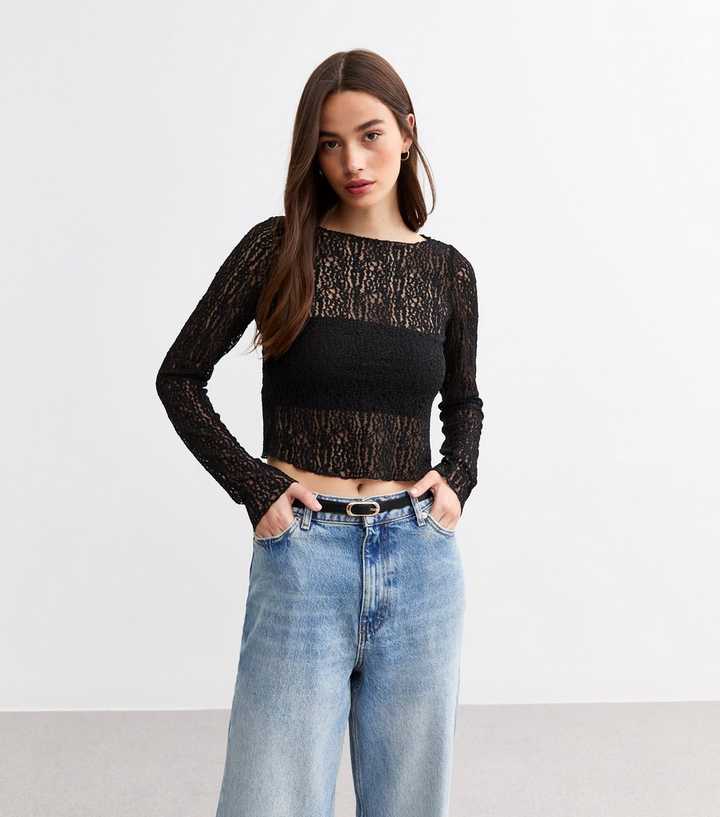 Black Lace Long Sleeve Top - Deep V-Neck Slim Fit main image 1