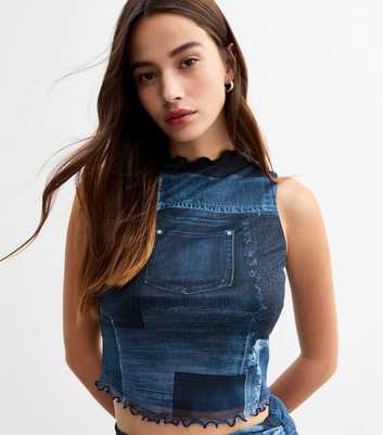 Blue Denim Print Mesh High Neck Top