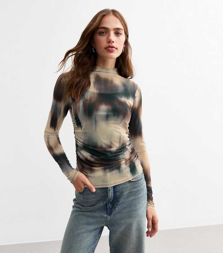 Black Abstract Print Ruched Mesh Long Sleeve Top