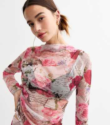 Pink Newspaper Rose Print Mesh Ruched Long Sleeve Top