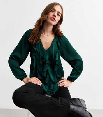 Green Satin V-Neck Ruffled Long Sleeve Top