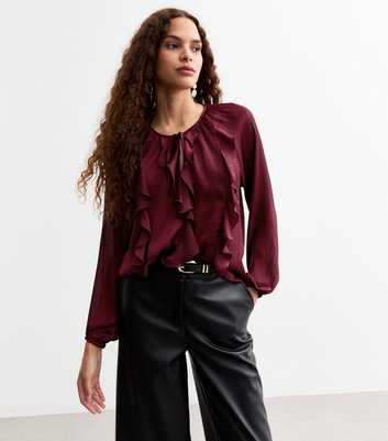 Burgundy Satin V-Neck Ruffled Long Sleeve Top